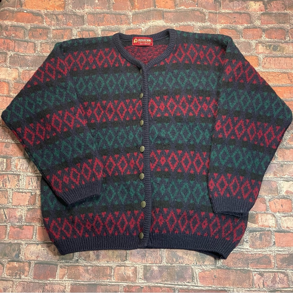 Pitlochry Knitwear women's Large L argyle wool blend cardigan *Flaw Read